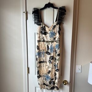 Floral Embroidered Dress with Black Tulle Straps